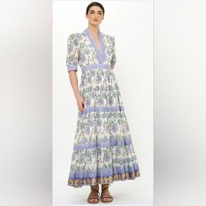 Oliphant V-Neck Cuffed Maxi Dress Women's L Presidio Blue Print Floral